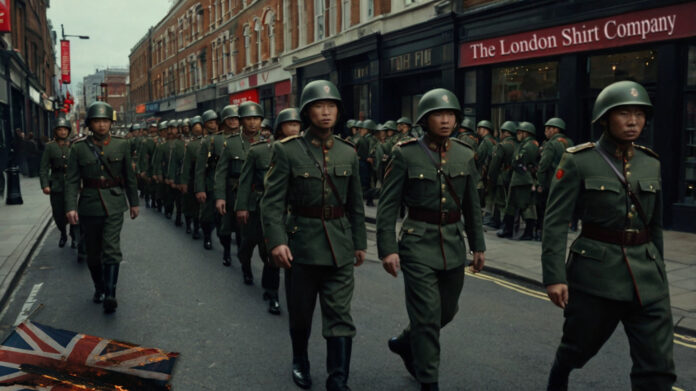 CHINESE PLA ARMY MARCHING THROUGH LONDON STREET looming war